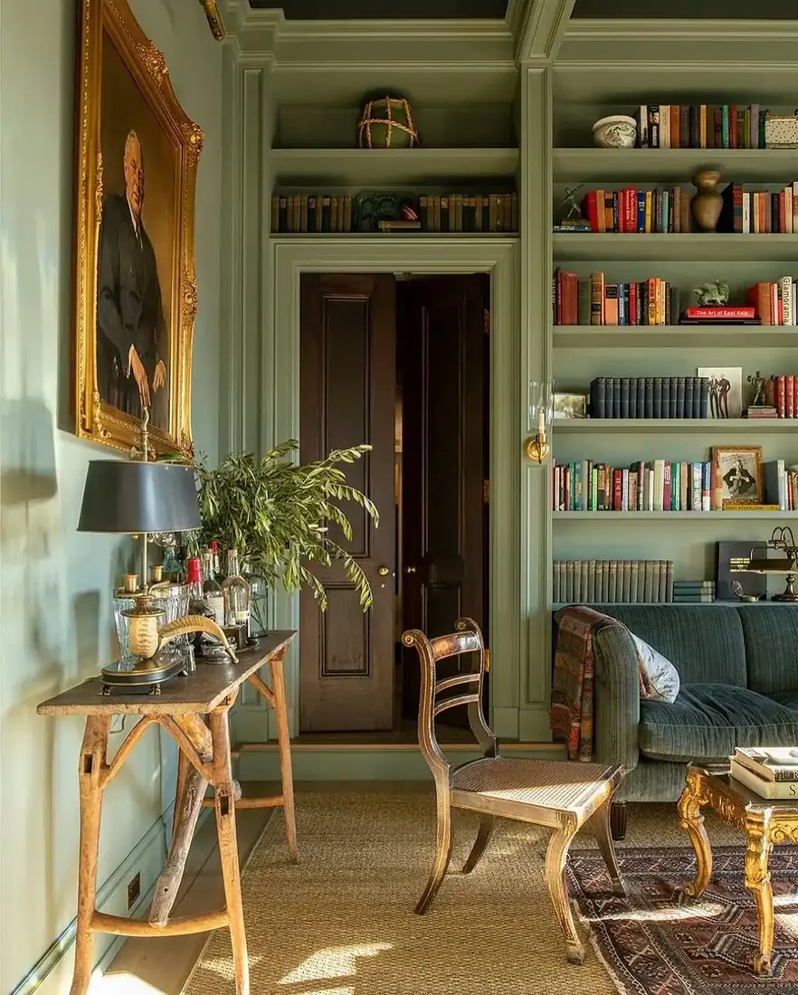 Sage green fitted shelves bridging over a dark timber door, with books and a portrait beside