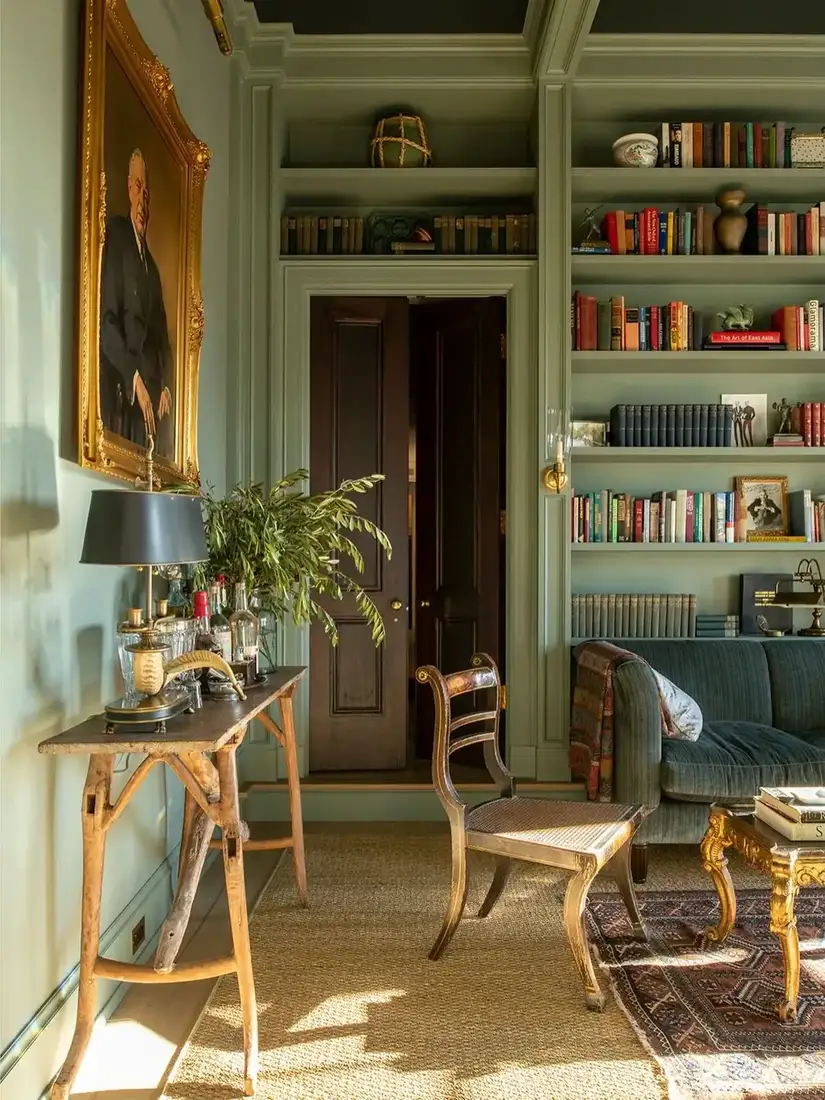 Sage joinery with a dark open door and gilt portrait supplying the contrast