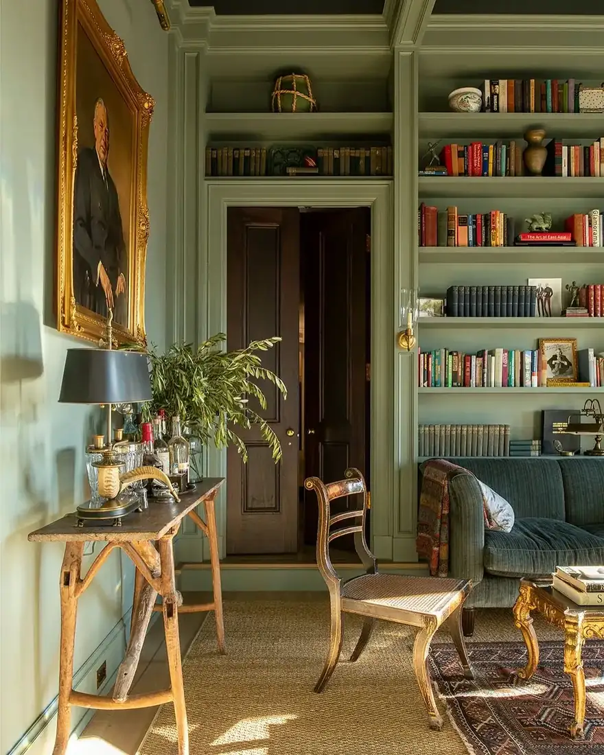 Sage shelves styled with loosely colour grouped books, stacks, and small frames