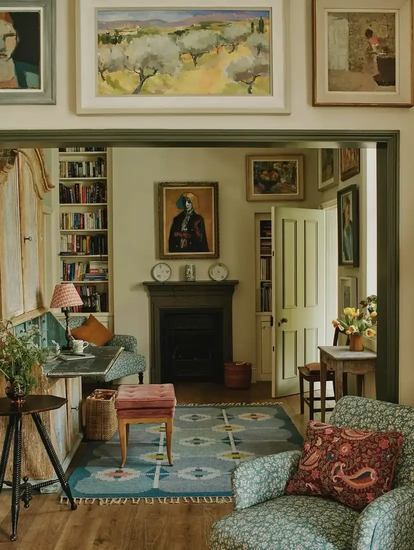 Sitting room with gallery wall above floral seating and warm table lamps