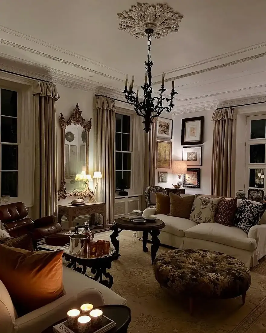 Formal sitting room with ceiling medallion above floral upholstery