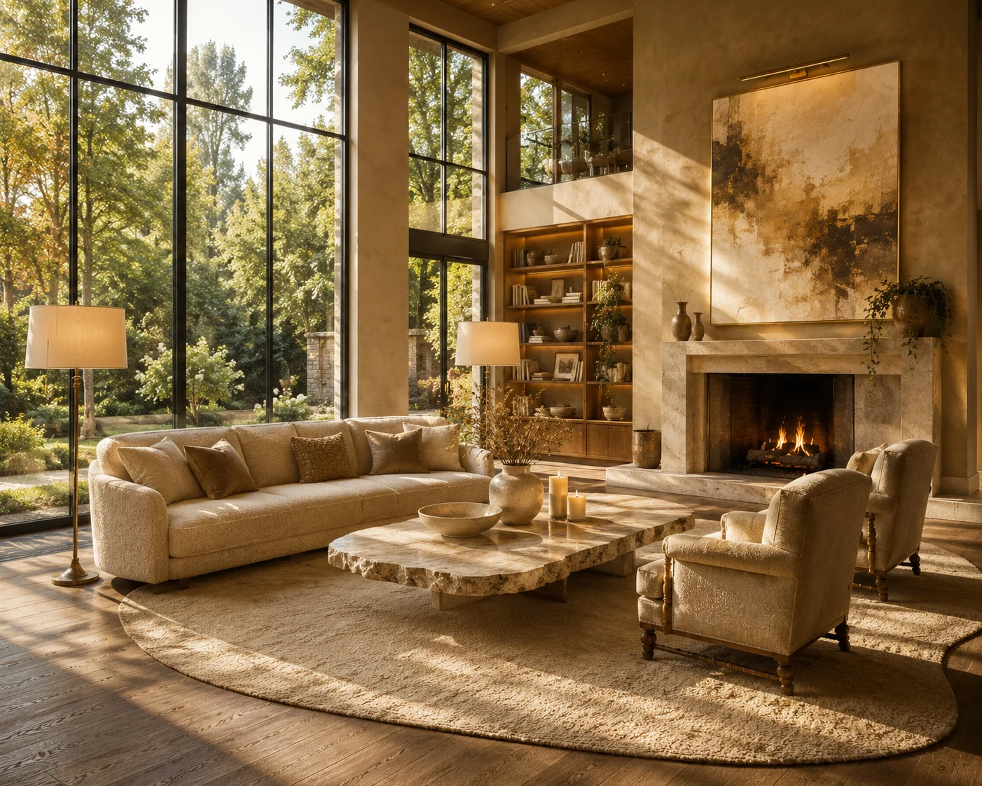 Warm Scandinavian luxury living room with floor-to-ceiling windows, a bouclé sofa, a travertine slab coffee table, and a stone fireplace