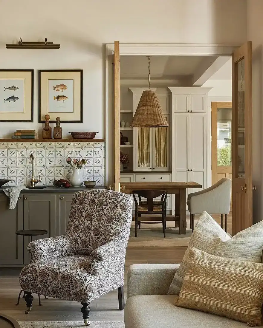 Patterned armchair in a cosy rustic living room with timber accents