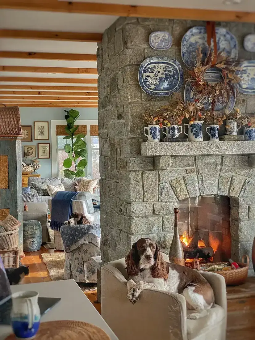 Grey granite fireplace with arched opening, blue and white platters above, jugs on the mantel, spaniel in a chair, fire lit