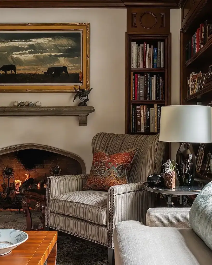 Pale limestone fireplace with arched opening and brick firebox, striped wing chair, gilt painting and bookshelves
