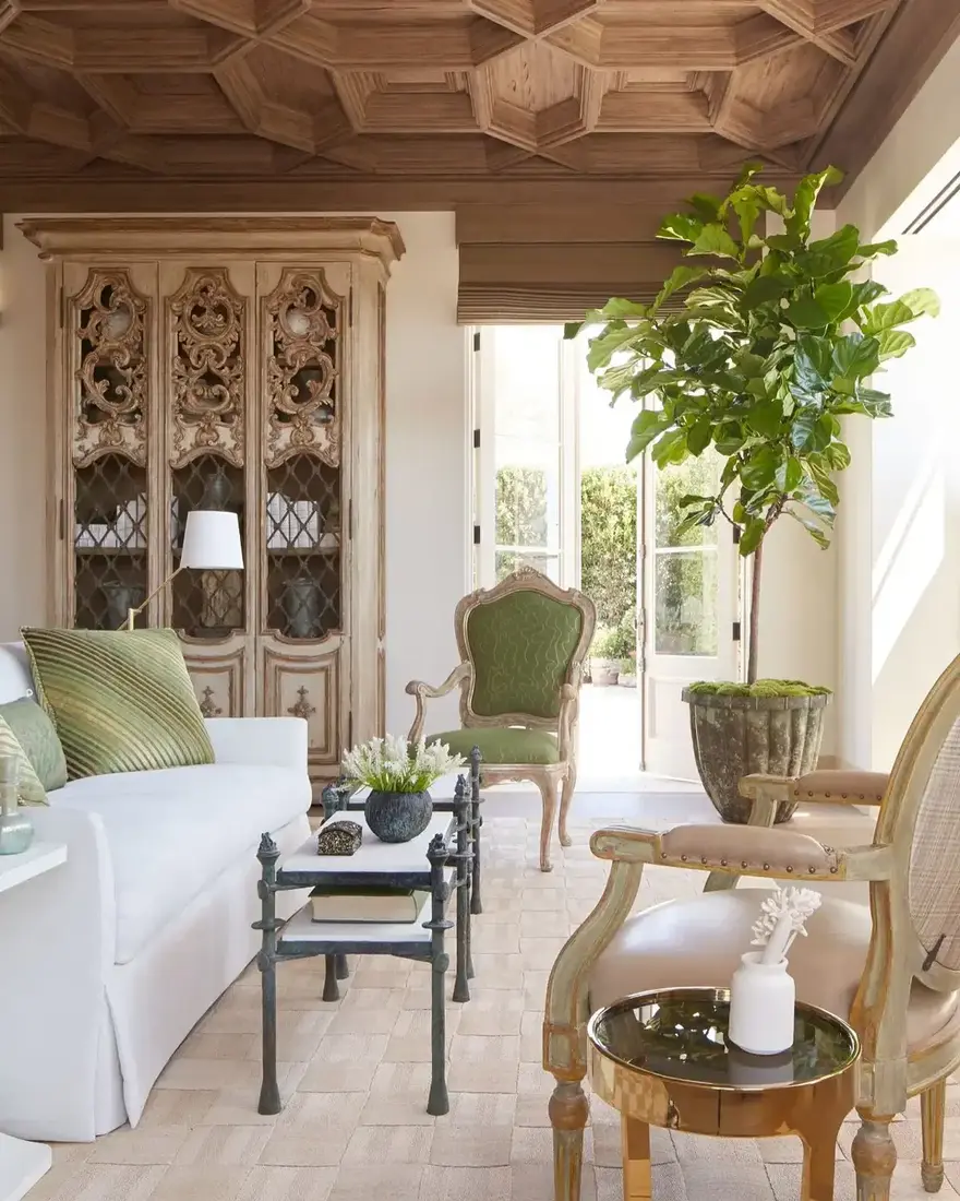 Sunroom with coffered timber ceiling, carved armoire, and fig tree
