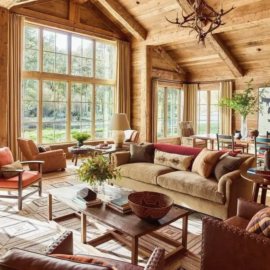 Cabin sitting room with dark timber beams, linen sofas and daylight from tall windows