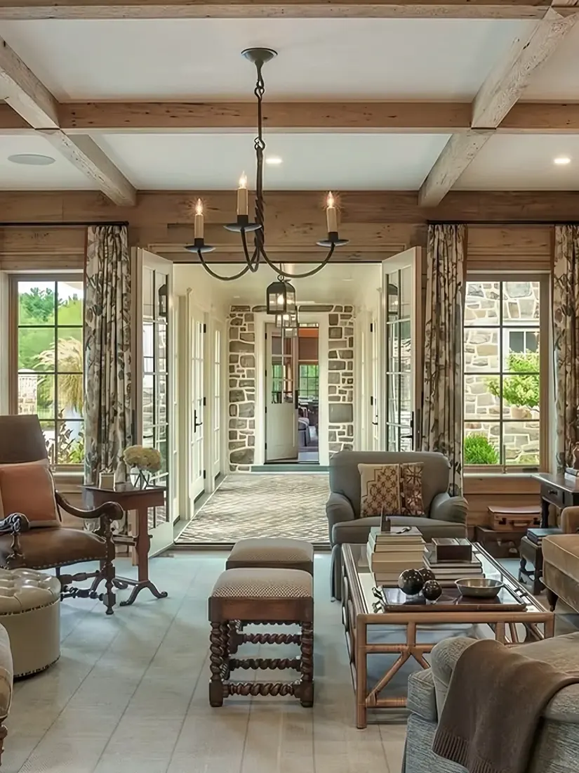 Sitting room with dark beams over pale walls and washed linen seating