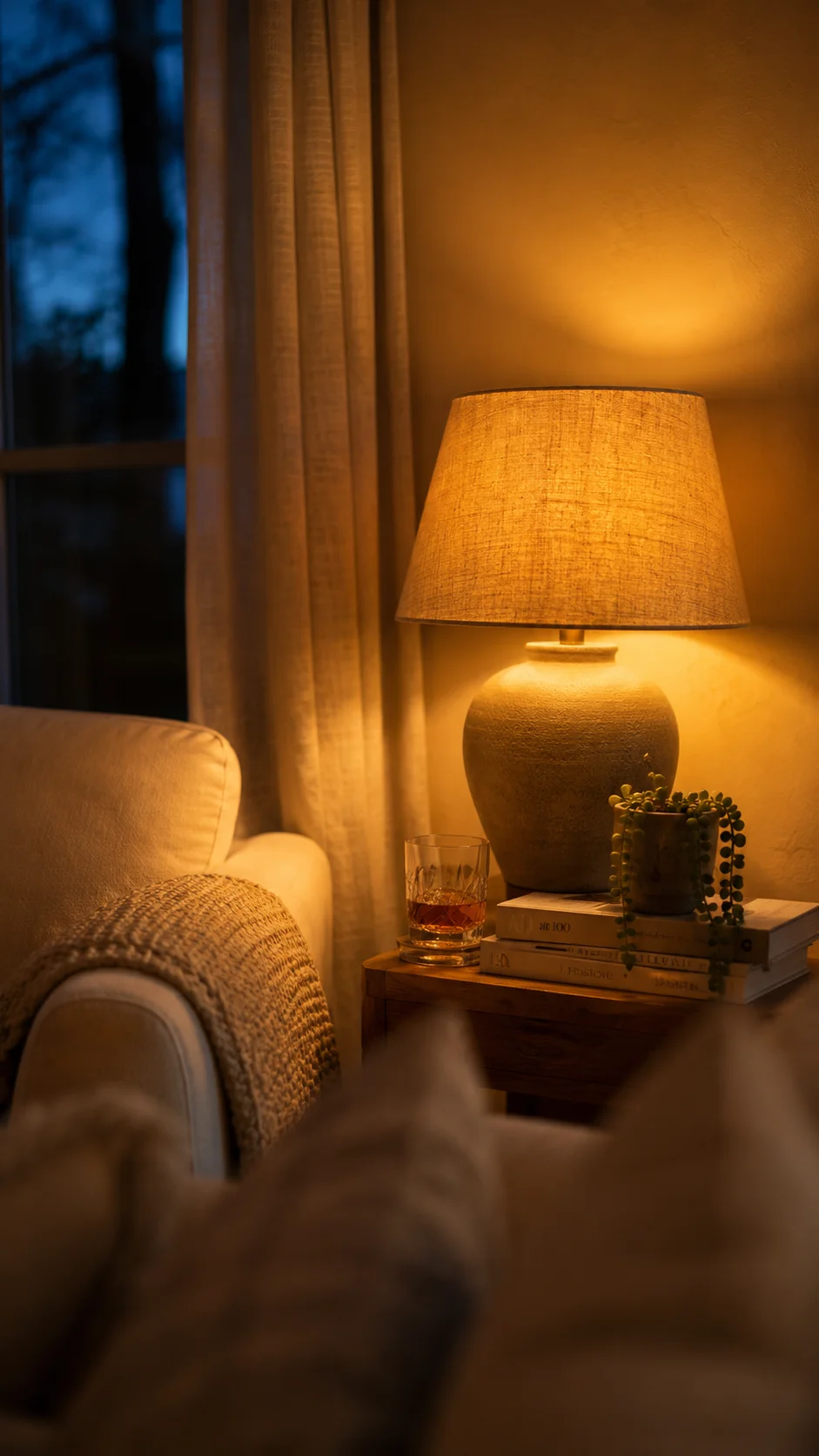 Close-up of an oak side table at dusk with a ceramic lamp casting an amber glow, a whiskey tumbler, and a stack of books