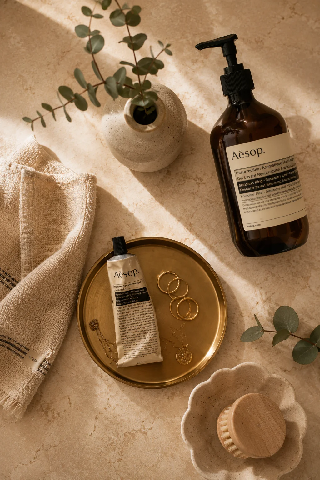 Overhead flat lay of natural bathroom styling items on a warm stone surface: Aesop bottles, a brass tray, a linen cloth, rings, a wooden brush, and eucalyptus