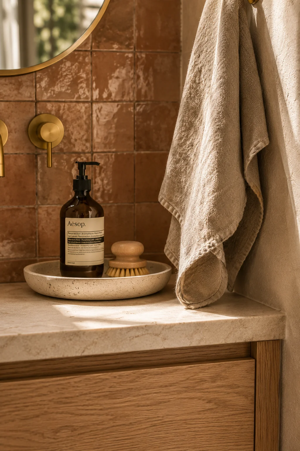 Close-up of a styled bathroom vanity with a stone tray holding an Aesop soap dispenser, a natural linen towel draped over the counter, and warm terracotta tiles behind