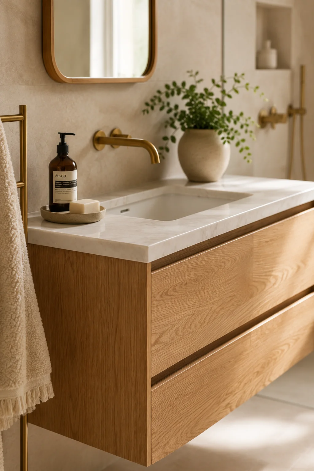 Close-up of a floating oak vanity with white marble countertop, brass wall-mounted faucet, and ceramic soap dispenser on a warm tile background