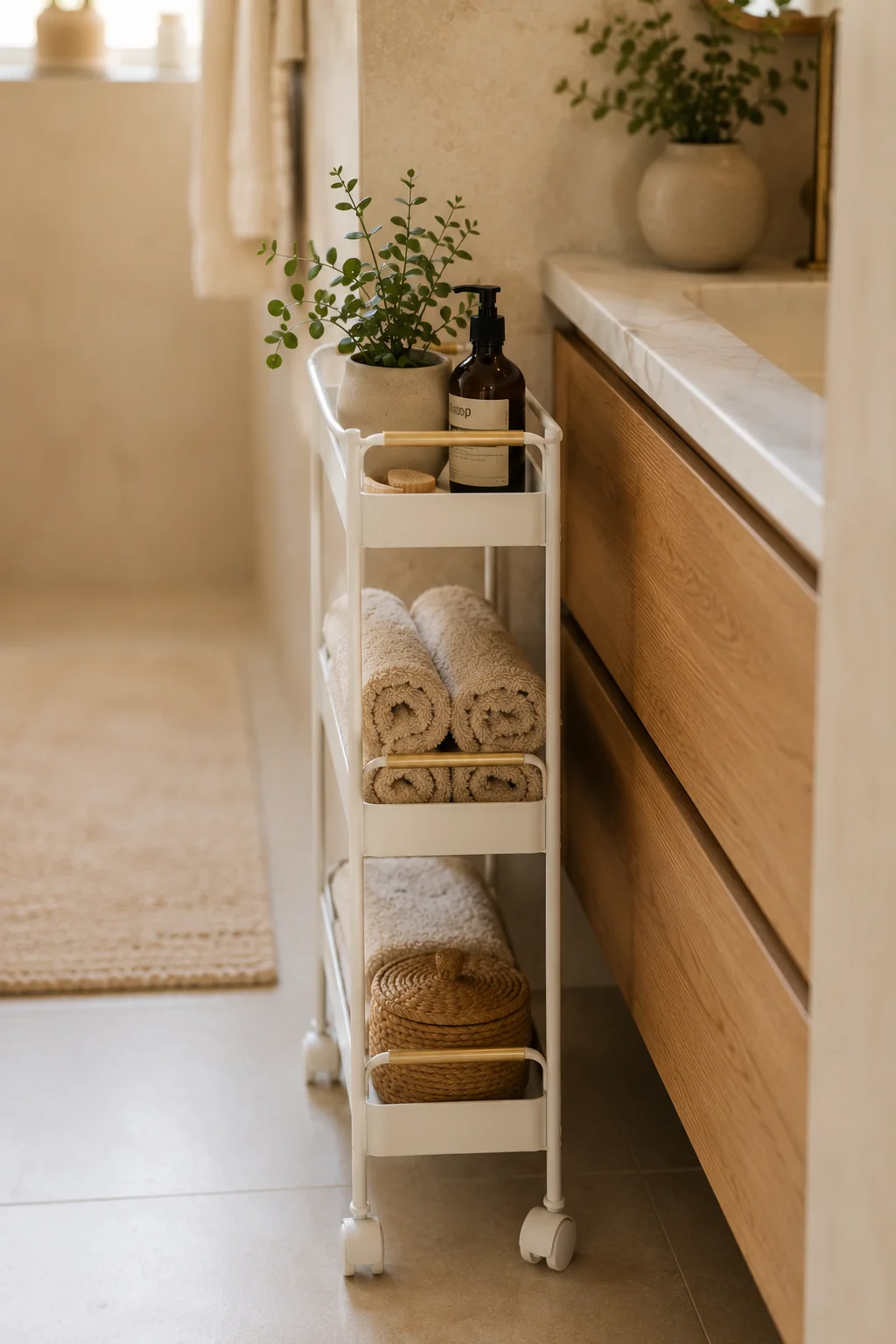 A slim white rolling cart tucked neatly into the narrow gap beside a floating vanity, holding rolled towels, products, and a small plant