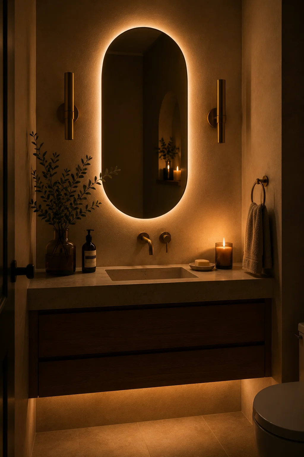 A moody small bathroom at night with a backlit oval mirror glowing warmly, soft brass sconces flanking it, candlelight on the countertop, and a dark intimate atmosphere