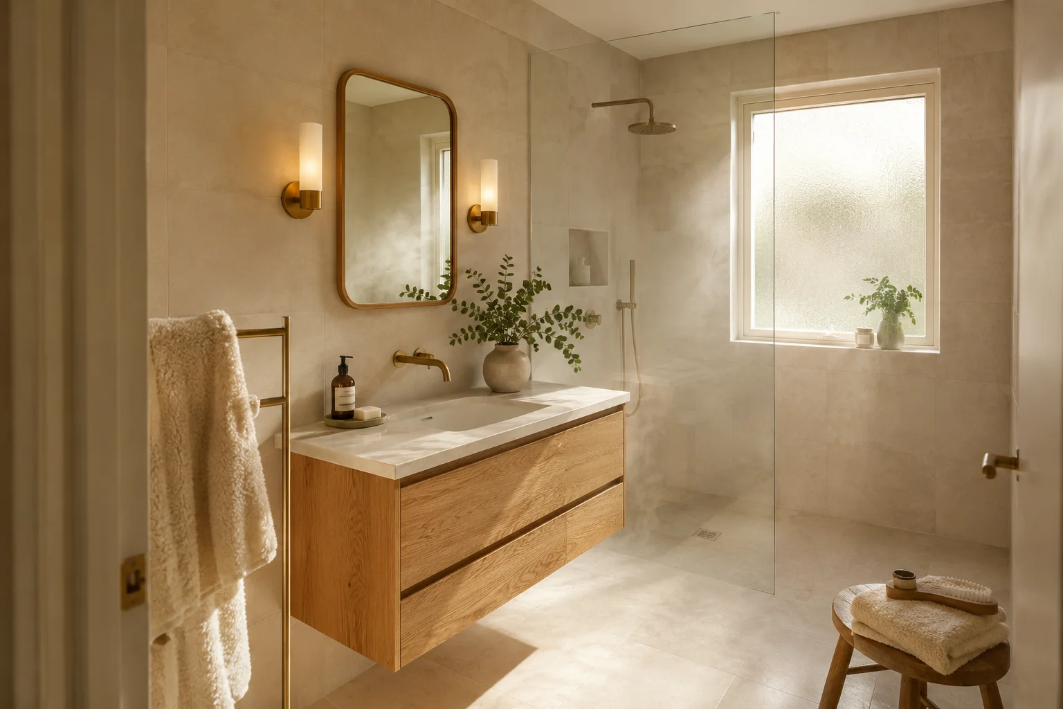 Small Scandinavian bathroom with floating oak vanity, brass sconces, and frameless glass shower