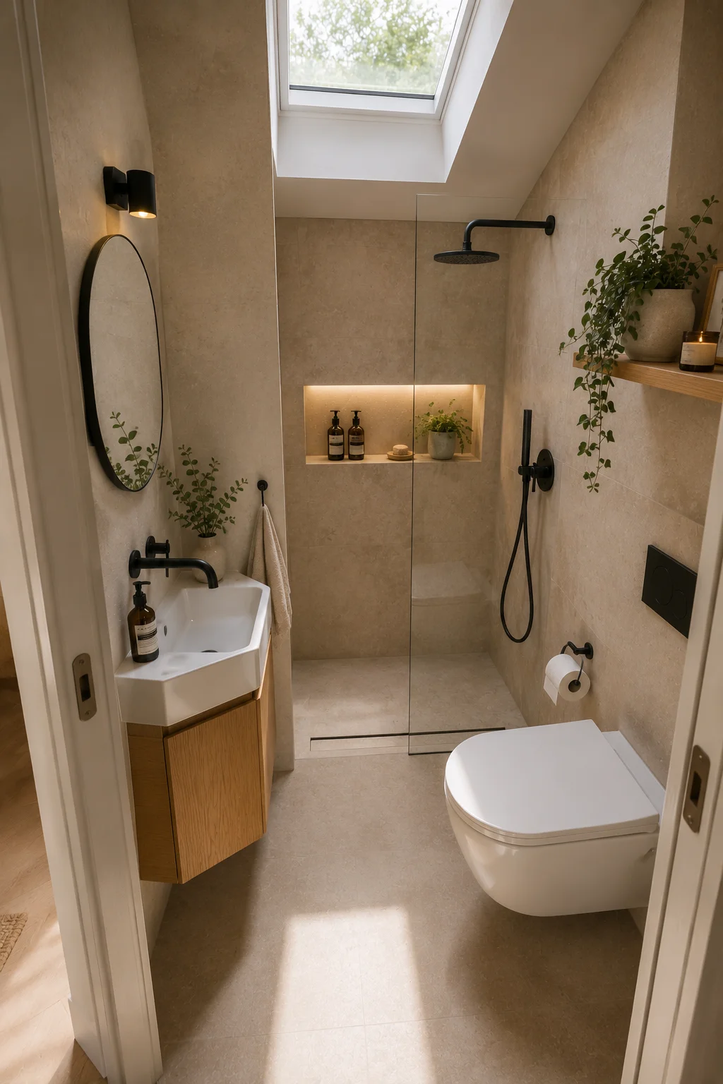 Overhead architectural view of a compact bathroom showing a narrow floating vanity, wet room shower area, wall-mounted toilet, and open floor space