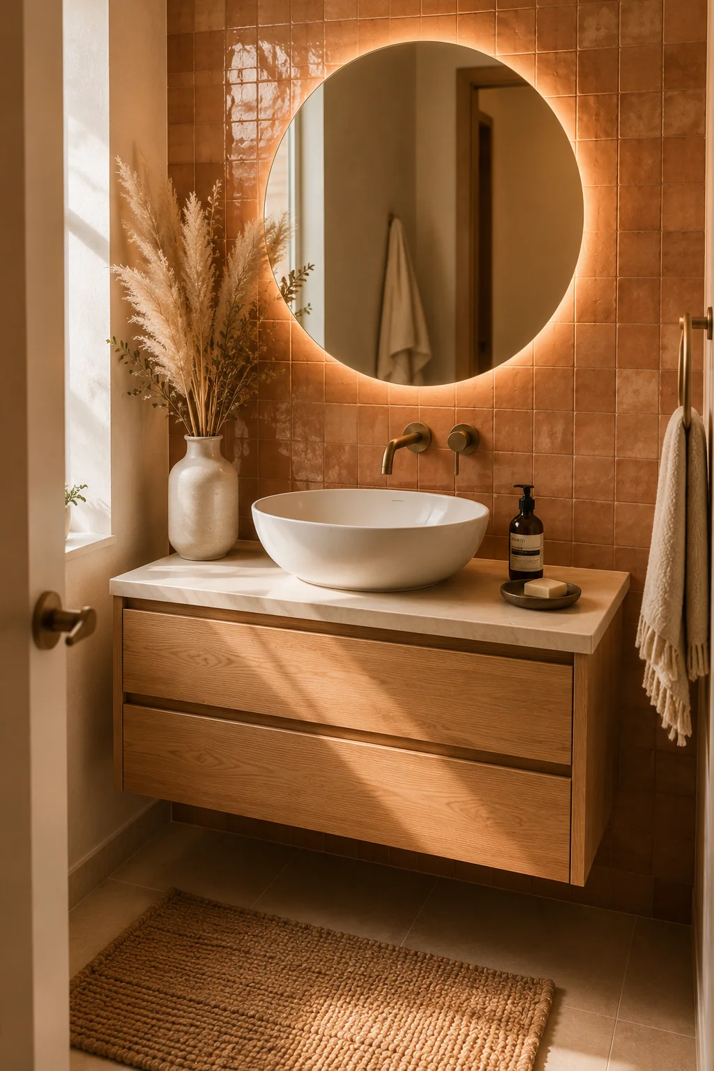 A terracotta zellige accent wall behind a floating vanity with round backlit mirror, pampas grass in a vase, and a white vessel sink