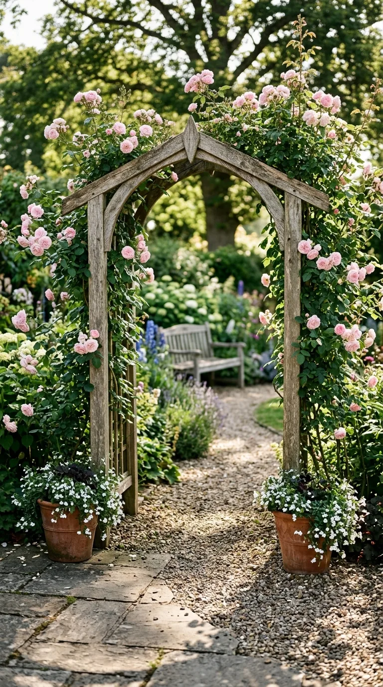 Tiny rectangular garden divided into three visible zones with gravel seating, stepping stone path, and dense planting bed