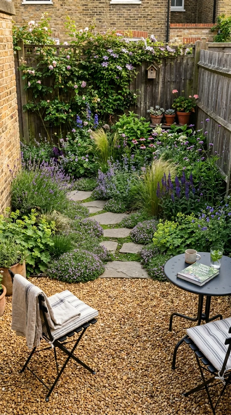 Simple garden entrance with wooden arch and climbing roses