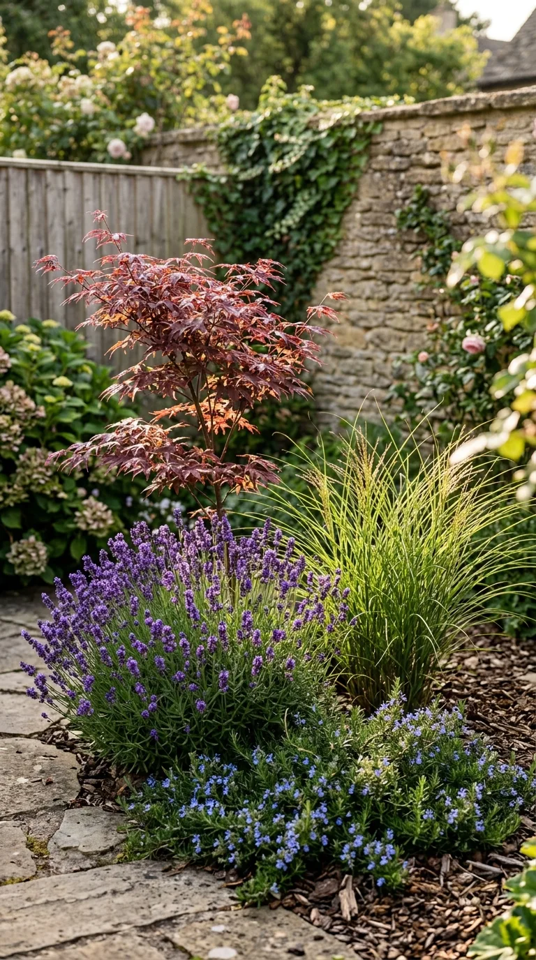 Small garden border with cohesive purple-and-silver color palette