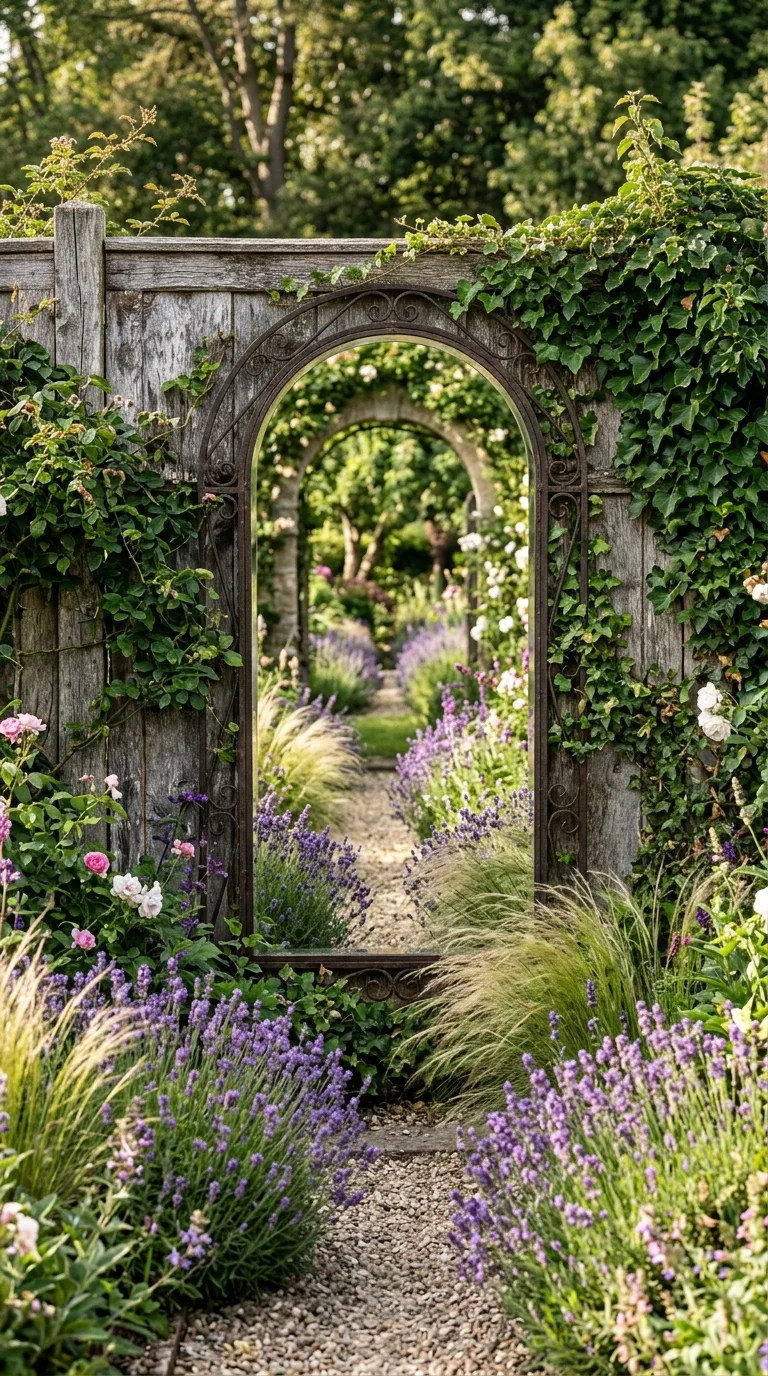 Arched garden mirror mounted on wooden fence creating illusion of depth