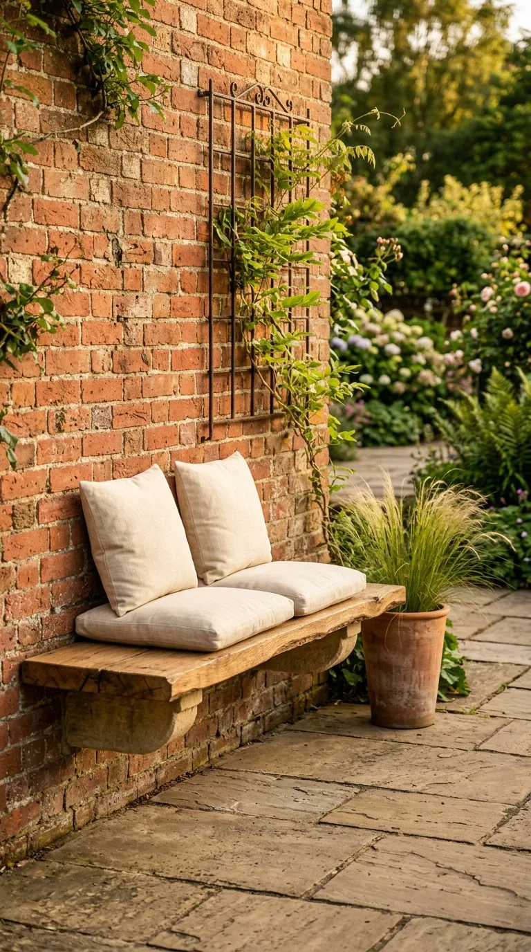 Built-in oak bench against warm brick wall with linen cushions
