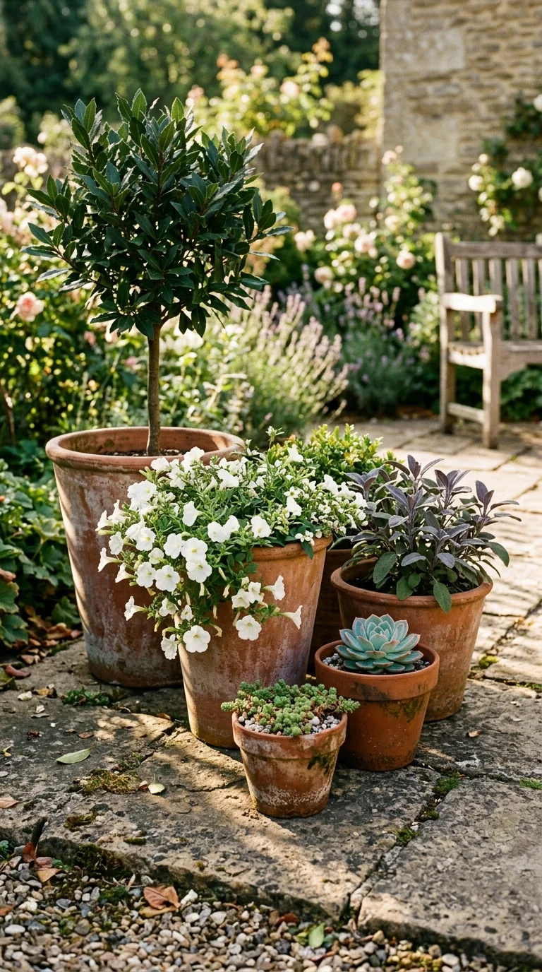 Cluster of five terracotta pots grouped as composition on stone patio