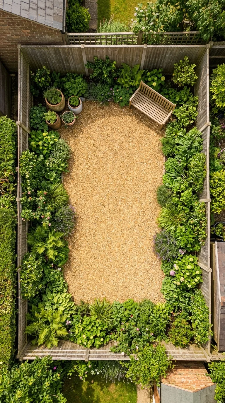 Overhead view of garden with open gravel center and dense border planting