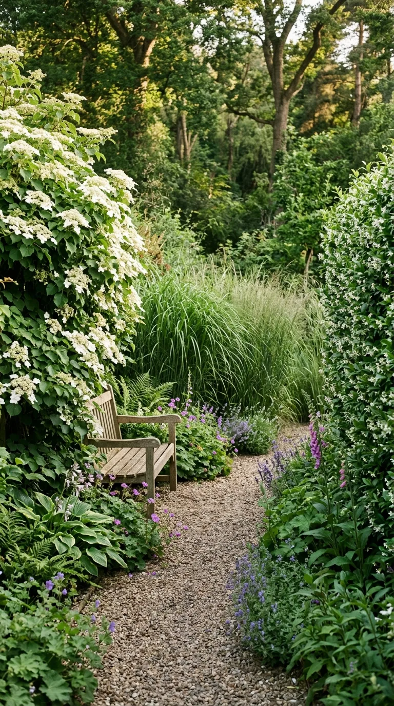 Small garden with boundaries completely hidden by climbing plants